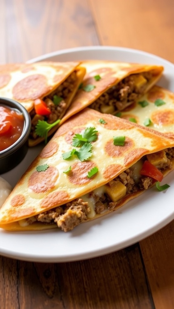 Golden brown quesadillas filled with ground beef and cheese, served with salsa and sour cream.